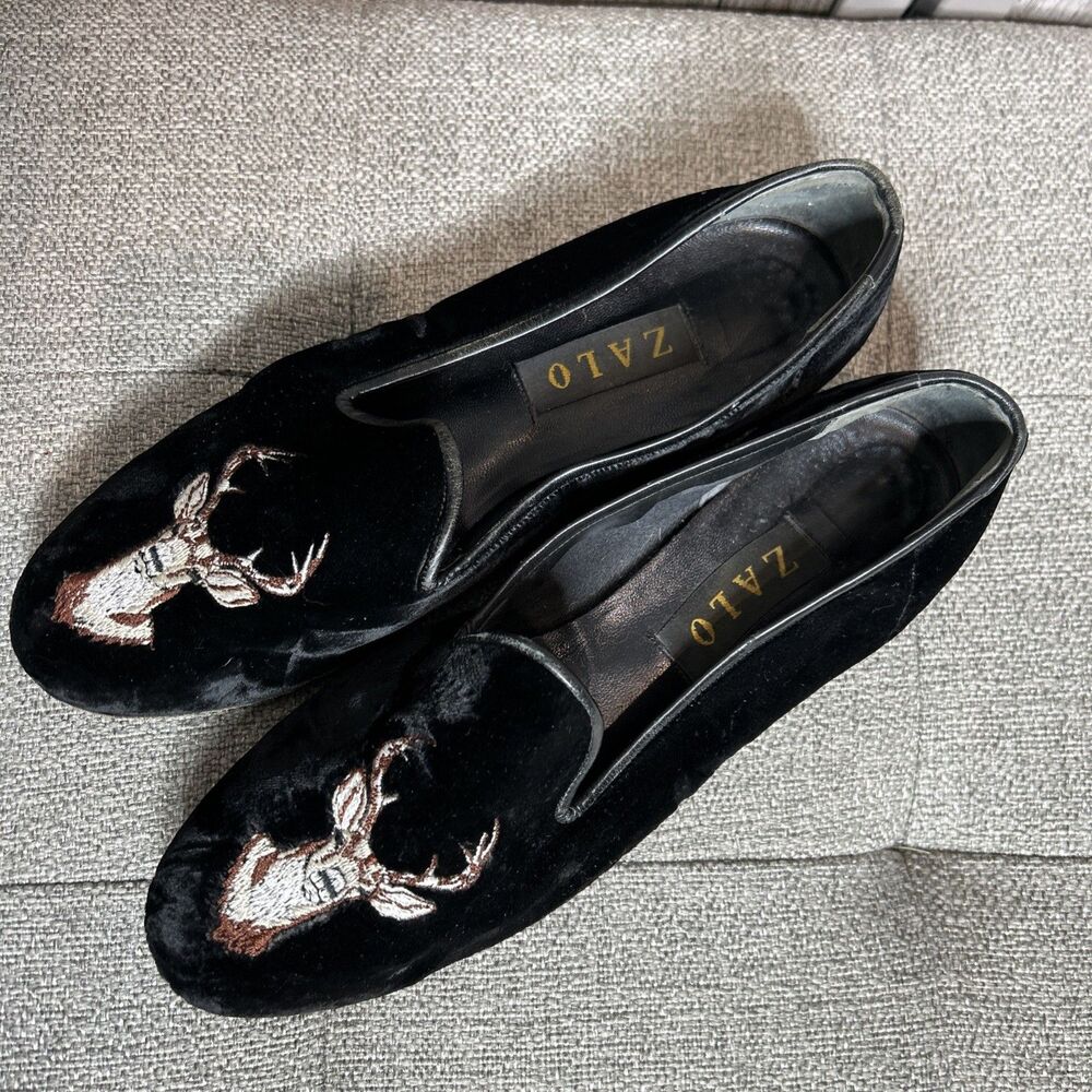Zalo Loafers Velvet Embroidered Deer Opera Pump Black Size 9.5